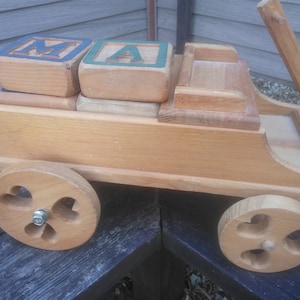 Vintage Wood Wagon - Wooden Wagon - Pull Toy - Small Wood Wagon - Natural Wood Wagon - Wagon - Wagon with Blocks