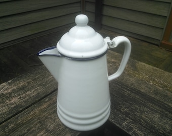 Vintage White Enamelware Coffee Pot with Blue Trim - Enamelware Coffee Pot - Vintage Coffee Pot - Farmhouse Vase - Picnic Decor