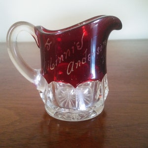 Vintage Mini Red Creamer - Red Glass Pitcher - Red and Clear Vessel - Small Red Pitcher - Window Decor - Minnie Anderson - 1904 - MD52