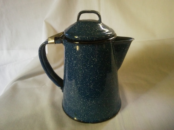 Small Enamel Speckled Blue and White Coffee Pot Camping Coffee Pot