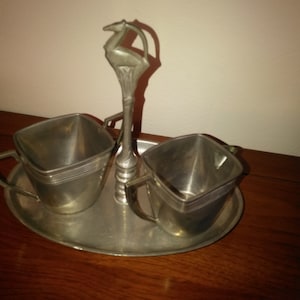 Vintage Pewter Sugar and Creamer on a Tray with a Gazelle Handle - Sugar and Creamer - Pewter Sugar and Creamer - Vintage Pewter