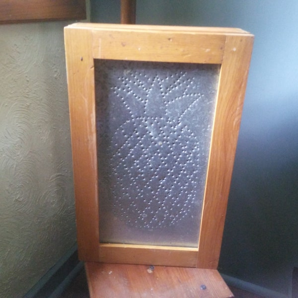 Vintage Punched Tin Cabinet - Wood Spice Box - Wood Shelf - Pineapple Punched Tin - Cabinet - Hanging Shelf - ATC