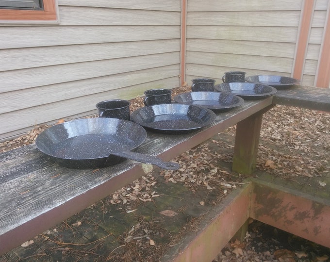 Vintage Enamelware Camping Set Black Speckled Enamelware Etsy