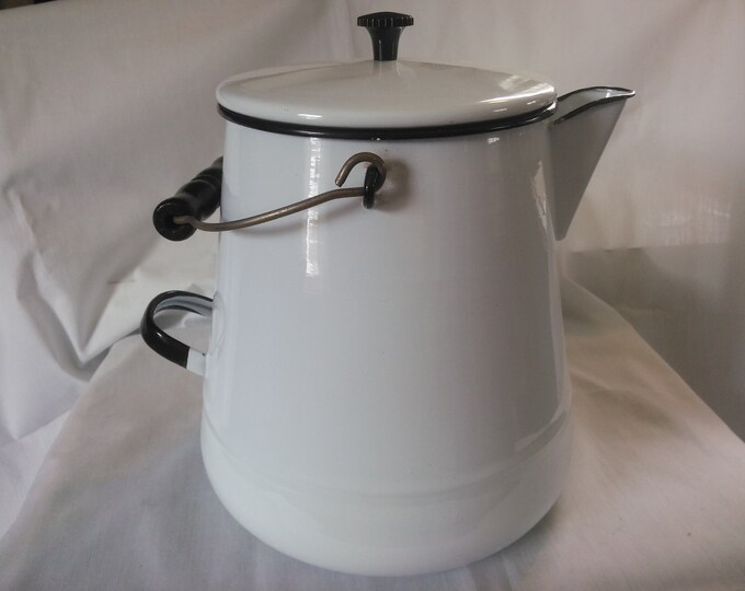 Vintage Black and White Enamelware Coffee Pot Picnic Vase Camping