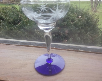 Beautiful Cocktail Glass - Vintage Wine Glass - Etched Cobalt Stem Glass - Cocktail Glass - Martini Glass - Stemware - Etched - Floral