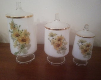 Vintage Apothecary Jars - Set of Three Canisters - Floral Decanters - Set of Three Apothecary Jars - Apothecary Bottles - Apothecary Jars -