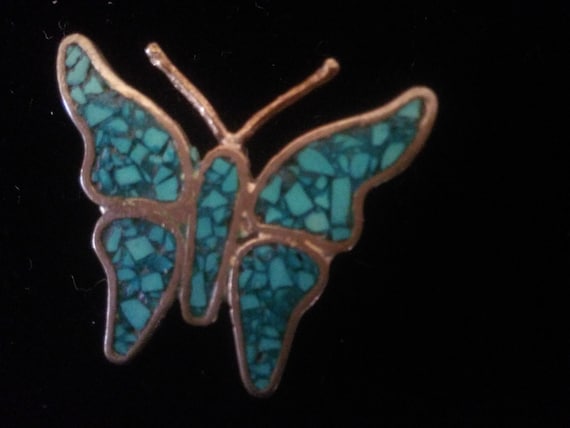 Vintage Turquoise and Sterling Butterfly Pin - Butterfly Pin - Turquoise Butterfly - Butterfly - Mosaic Butterfly Pin - Sterling Butterfly