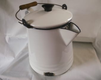 Vintage White Enamelware Coffee Pot with Blue Trim - Picnic Vase - Camping Coffee Pot - Enamelware Coffee Pot