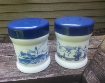 Vintage Milk Glass Canisters - Tobacco Canisters - Pair of Canisters - White and Blue Canisters - Kitchen Canisters - Vintage Farmhouse