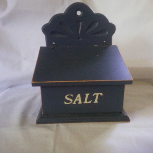 Vintage Wood Salt Box - Salt Box - Farmhouse - Vintage Kitchen Decor - Blue Wood Salt Box - B64