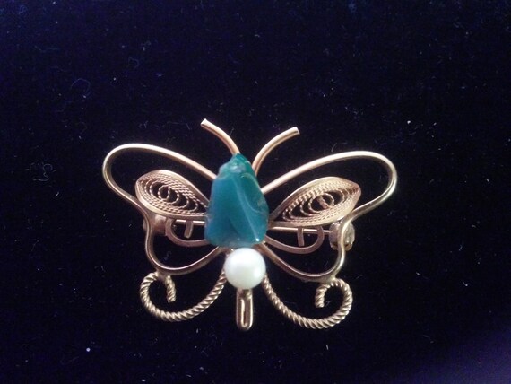 Vintage Butterfly Pin - Butterfly Pin - Turquoise Stone and Pearl Butterfly - Butterfly - Gold Tone Butterfly Pin