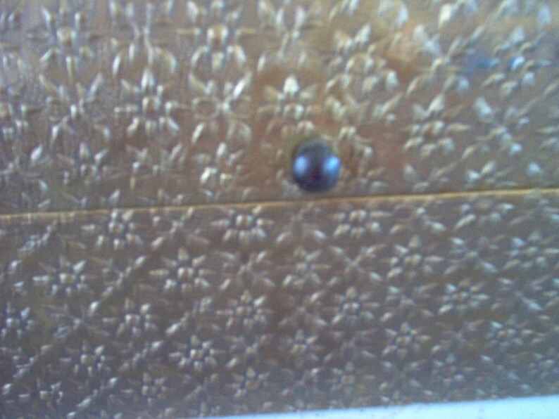 May include: Close-up of a gold-colored box with a floral pattern. The box has a dark, round knob. The floral pattern is embossed across the surface of the box. The box appears to be made of a metallic material.
