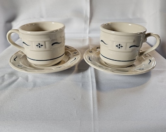 Vintage Pair of Longaberger Blue Woven Traditions Cups and Saucers - Woven Traditions - Longaberger Pottery - Lonaberger - Pottery - B23