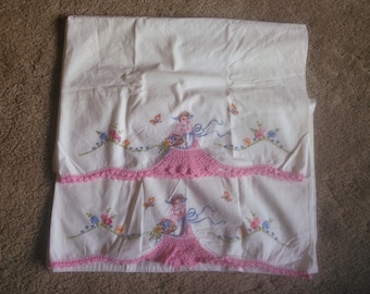 Vintage Set of White Pillow Cases Crocheted with Lady in Pink Dress - Pillowcases - Embroidered Pillowcases