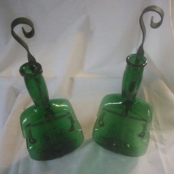 Pair of Vintage Green Violin Bottle Wall Vases - Green Vases - Green Violin Bottles - Violin Bottle Vases - Hand Blown Vases - ON SALE - B72