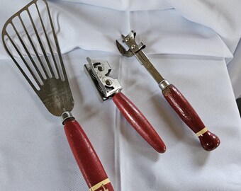Vintage Red Handled Utensils - Red Handle - Red Handle Batter Beater - Knife Sharpener - Can Opener - Kitchen Gadgets - B59