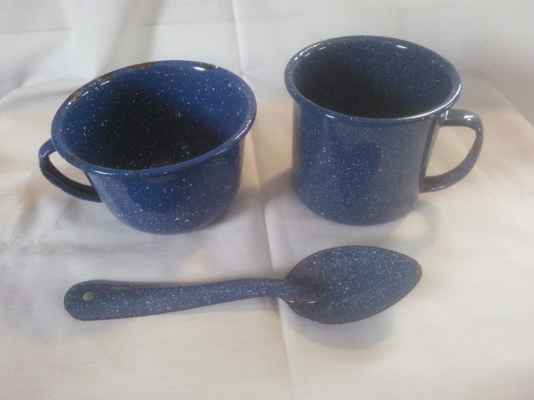 Vintage Enamelware Camping Set Blue and White Speckled Set Etsy