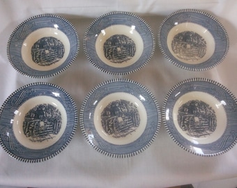 Vintage Currier & Ives Berry Bowls - Set of Six Dessert Bowls - Blue And White Currier and Ives Bowls - Blue and White Bowls - B15