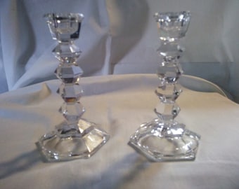 Vintage Pair of Clear Glass Candle Holders - Candle Holders - Candlestick Holders - B62
