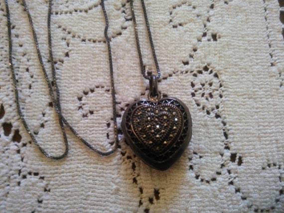 Vintage Sterling Heart Locket with Marcasites - L… - image 1