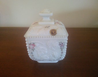 Westmoreland Grape Covered Dish - White Beaded Grape Covered Candy Dish  - Westmoreland - Westmoreland Milk Glass - Footed Candy Dish