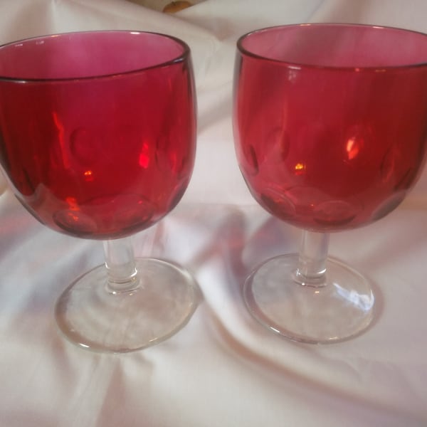 Vintage Pair of Cranberry Beer Glasses - Beer Schoops - Schooners - Thumb Print Pattern Schooners - Beer Schooners - Beer Glasses - B29