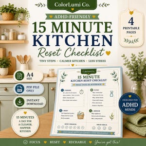 Puede incluir: Una lista de control digital de 15 minutos para el orden de la cocina con cuatro páginas imprimibles. El documento incluye secciones para preparar, limpiar, restablecer y refrescar, con un rastreador de progreso y control de ánimo.