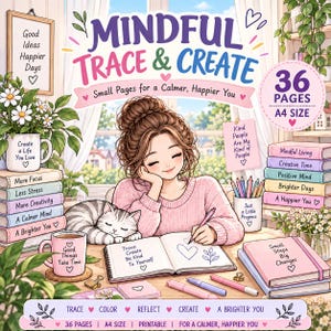 Może przedstawiać: Książka aktywności Mindful Trace & Create zawierająca 36 stron w formacie A4. Okładka przedstawia osobę piszącą w notatniku z kotem, w otoczeniu kubków, książek i roślin. Tekst zawiera 'Good Ideas Happier Days' oraz 'Small Steps Big Changes'.