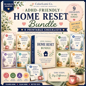 Könnte beinhalten: Ein digitales Set aus 9 druckbaren Checklisten für den Haushalt mit Blumenillustrationen, einer zentralen Ordnergrafik und Texten wie "ADHD-Friendly Home Reset Bundle" sowie "Tiny Steps Big Difference" für eine organisierte Wohnung.