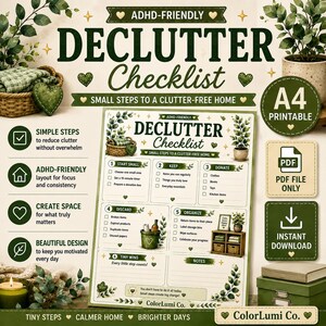 Pode incluir: Uma lista de verificação de organização doméstica em formato A4, adequada para TDAH, com tons de verde e creme. O documento apresenta seis seções numeradas para organizar tarefas, incluindo passos práticos e texto explicativo.