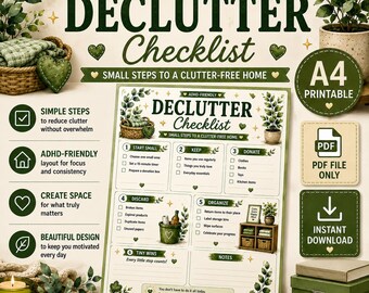 May include: An A4 printable ADHD-friendly declutter checklist with a green and cream color scheme. The document features six numbered sections for organizing home tasks, including start small, keep, donate, discard, organize, and tiny wins, with text.