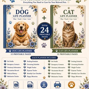 以下が含まれることがあります： 犬用と猫用のライフプランナーを含むデジタルペットプランナーセット。それぞれ12枚の印刷可能なページがあり、ペットのプロフィール、医療履歴、スケジュール管理用のセクションが含まれています。花柄と足跡のモチーフがデザインされています。