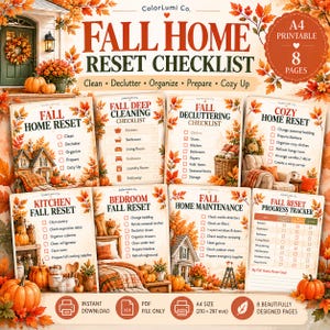May include: A set of eight A4 printable pages titled Fall Home Reset Checklist, featuring autumn leaf borders, pumpkin illustrations, and organized task lists for cleaning, decluttering, and home maintenance, including a progress tracker.