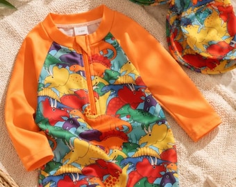 Baby Dinosaur Rash Guard Swimsuit Set with Sun Hat | Long Sleeve Zip Front Beachwear | Kids Beach & Pool Outfit