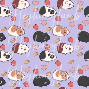 May include: A seamless pattern featuring cartoon guinea pigs with different coloured fur, hearts, carrots, and strawberries on a light purple background.