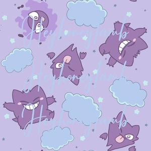 May include: Purple and blue cartoon ghost character with a mischievous grin on a lavender background with white stars. The ghost is repeated in different positions and sizes.