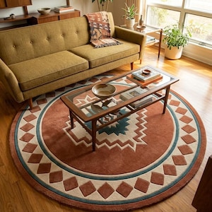Southwestern Rug, Round Hand Tufted New Zealand Wool Geometric Area Rug for Living Room, Terracotta Teal Boho Decor