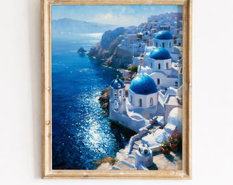 Griechische Insel Klippe Dorf mit blauen Kuppeln - Ägäische Landschaft, mediterrane Küsten Malerei, printable digitaler Download 116