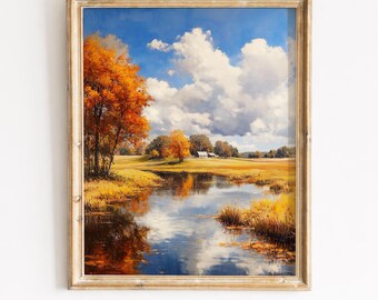 Rustikale Fluss Landschaft im Herbst - Herbst Landschaft, goldene Ernte Wiesen, druckbare Landschaft, digitaler Download 108