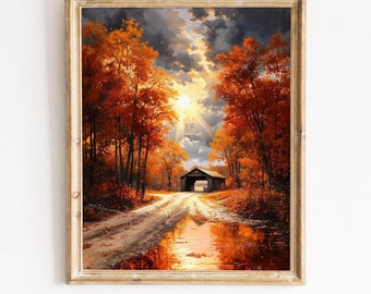 Rustieke overdekte brug aan het einde van de bosweg in de herfst - herfstlandschapskunst, humeurige seizoenskleuren, decor cottage, digitale download 141