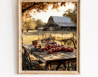 Rustikaler Herbst-Erntetisch mit Kürbissen - Bauernhaus Herbst Wandkunst, Cottagecore Bounty Szene, Neutrales Dekor, druckbarer digitaler Download 112