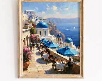 Santorini Cliffside Café-Terrasse mit blauen Kuppeln - Mittelmeer Malerei, Küstendorf Kunst, druckbare digitaler Download 115