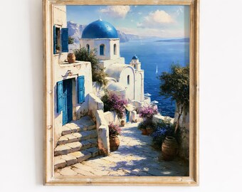 Santorini Küstendorf mit Blauer Kuppel Kirche - Mittelmeer Gemälde, weiß getünchte Architektur, Vintage druckbare Download 121