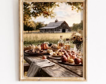 Rustikaler Bauernhof Erntetisch mit Pfirsichen, Kürbissen, Apfelwein - Herbst Bauernhaus Wandkunst, Herbst Bounty Natur Download 111