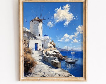 Mediterrane Küstenwindmühle mit Hafen - Küstendorf Gemälde, Griechische Insel Küste, sonnige Küste Kunst, printable Download 120