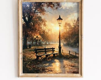 Herbst Parkbank Goldene Stunde - rustikale Herbst Landschaft Kunst, stimmungsvolle Vintage Malerei, gemütliches Cottagecore Dekor, printable Digital Download 100