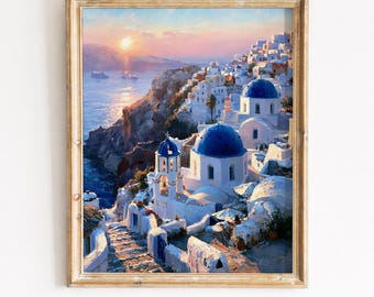 Santorini Cliffside Dorf bei Sonnenuntergang - griechische Insel Mittelmeer Malerei, Vintage Reise Wandkunst, druckbare digitale Download 113