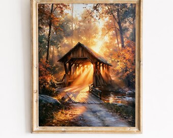 Rustieke overdekte brug herfst schilderij afdrukbare muurkunst, herfstlandschap digitale download, bosrijke scène, gezellig huisje decor 149