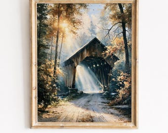 Rustieke overdekte brug herfst bosschildering - landschapskunst gouden herfst, vintage boerderij muur decor, afdrukbare digitale download 148