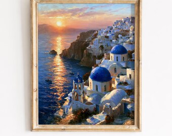 Griechische Insel Sonnenuntergang Klippe Landschaft - weiß getünchtes ägäisches Dorf, launisches Mittelmeer Gemälde, Vintage druckbarer Download 118